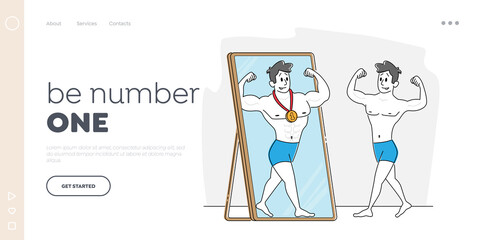 Narcissism Self-assessment Landing Page Template. Young Man Looking on Reflection in Big Mirror Imagine himself Sportsman Winner with Medal. Male Character Show Biceps. Linear Vector Illustration