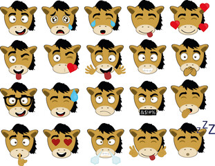 Vector illustration of cartoon horse face expressions