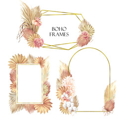 Set of boho watercolor frames with dry flowers on a white background.