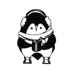 Vector penguin with a cap of coffee, a scarf, and a ears for Christmas and New Year design. The cute character of a polar animal in cartoon style.