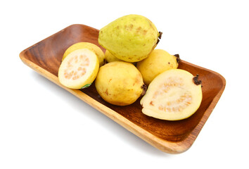 Stack White Guava Fruits Isolated in wooden bowl on White Background
