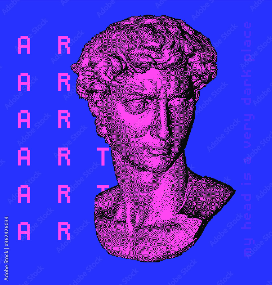 Poster pixel art 3d rendering of michelangelo's david head. retrofuturistic vector illustration in vaporwav