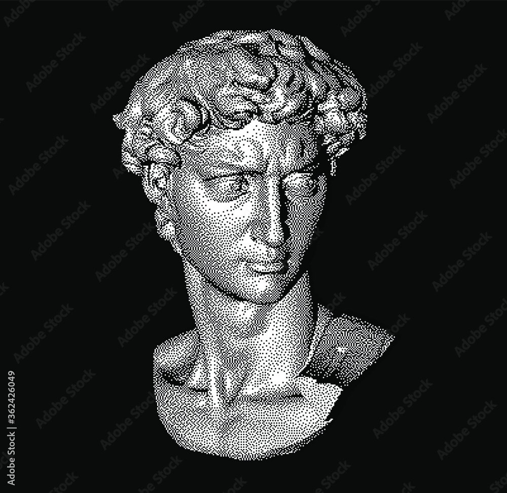 Aufkleber pixel art 3d rendering of michelangelo's david head. retrofuturistic vector illustration in vaporwav