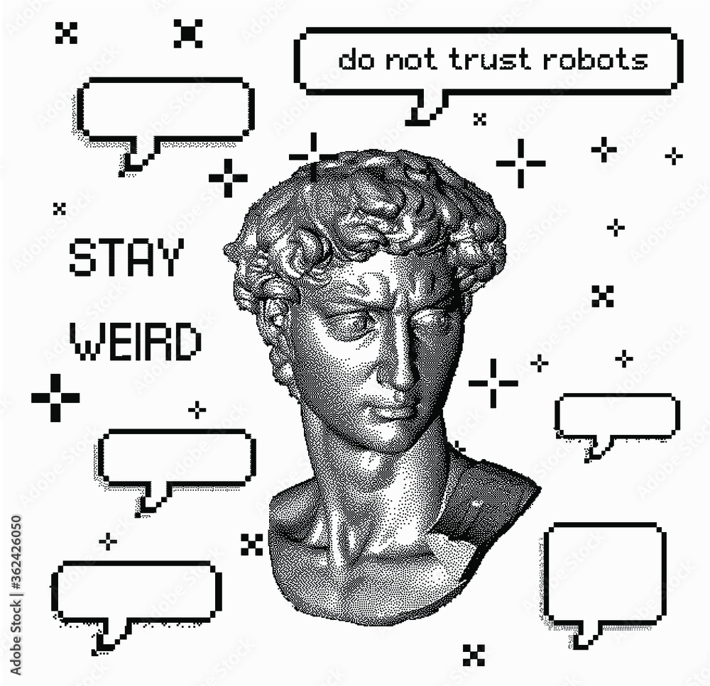 Aufkleber pixel art 3d rendering of michelangelo's david head. retrofuturistic vector illustration in vaporwav