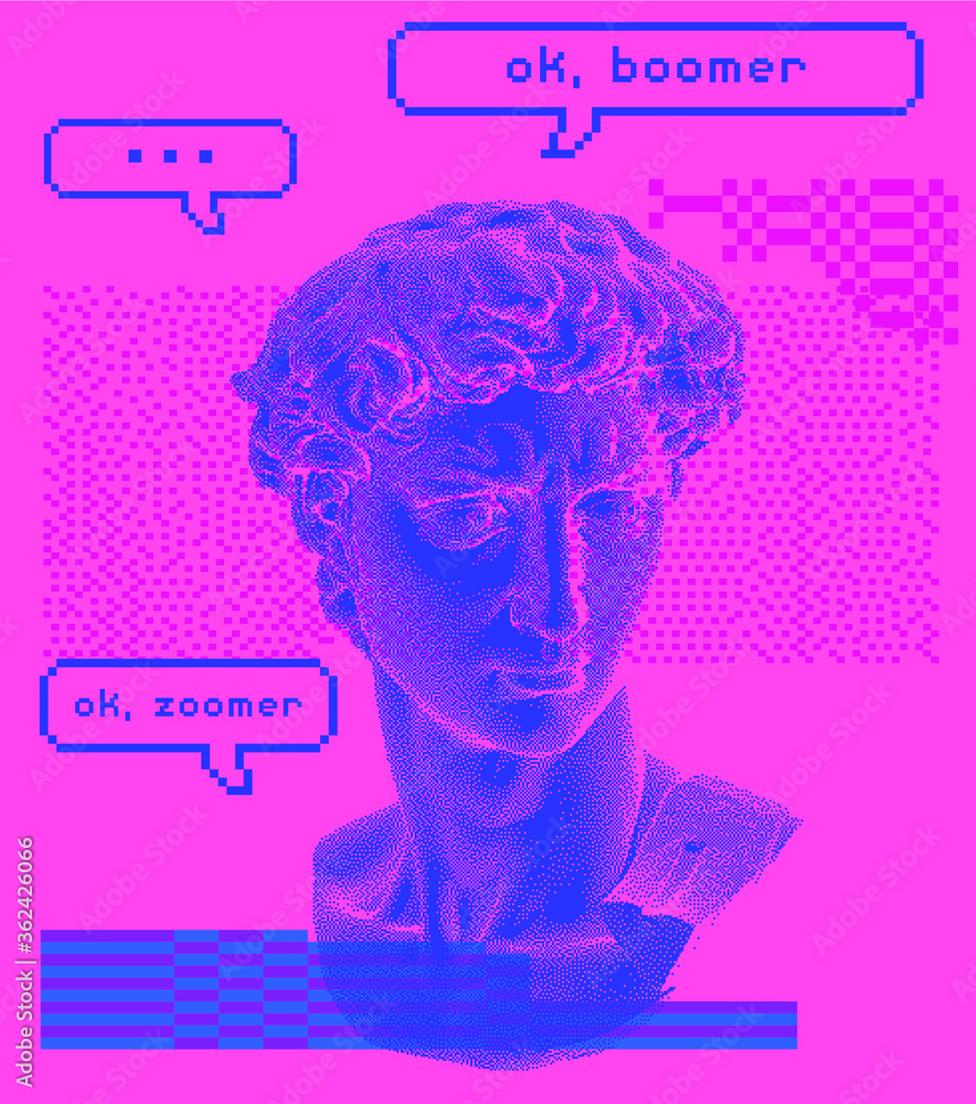 Aufkleber pixel art 3d rendering of michelangelo's david head. retrofuturistic vector illustration in vaporwav