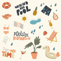 Set of Swimming Pool Relax Things Bikini Swimwear, Shorts and Towel, Slippers and Cocktail with Unicorn Inflatable Ring, Potted Plant. Weekend, Vacation Poolside Relaxation. Linear Vector Illustration