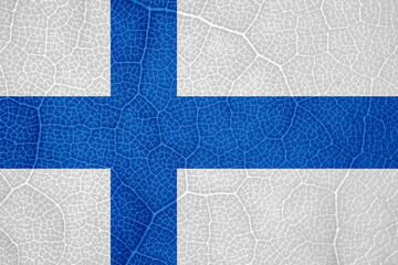 Fototapeta na wymiar flag of Finland on the structure of a tree leaf macro