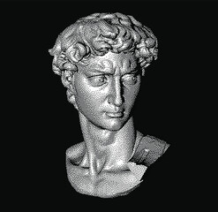 Pixel art 3D rendering of Michelangelo's David head. Retrofuturistic vector illustration in vaporwave and retrowave 80's aesthetics style.