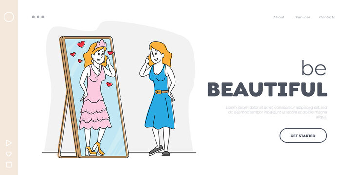 Female Character Admire with her Reflection Landing Page Template. Attractive Young Woman Look in Big Mirror Imagine herself Queen of Beauty in Crown and Beautiful Dress. Linear Vector Illustration