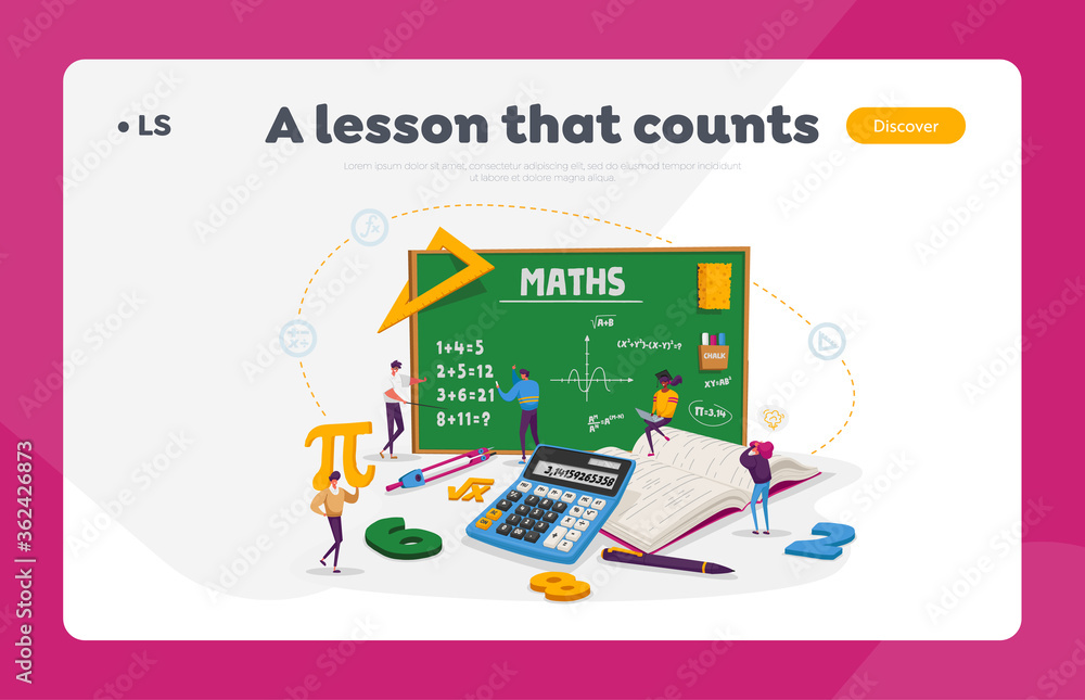 Aufkleber math science landing page template. tiny students characters in lab or school class learning mathema