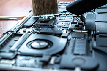 Technology repair of pc electronic equipment. Computer service. Technician engineer man do maintenance of hardware.