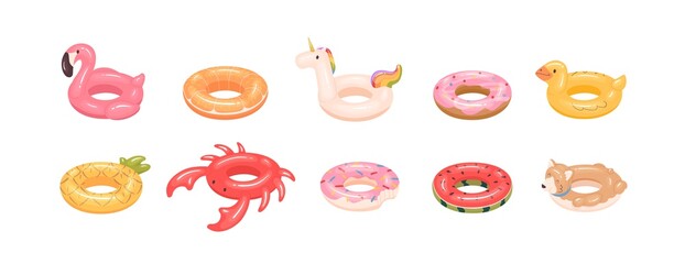 Set of rubber colorful inflatable stylish modern swimming ring for children and adults. Pink flamingo, bite donut, rainbow unicorn, crab inner tube in cartoon vector illustration on white background