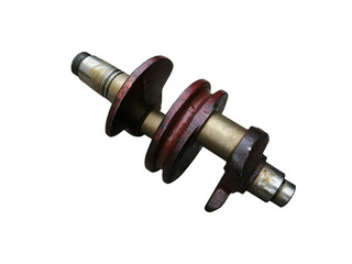 Crankshaft of a two-cylinder tractor engine on an isolated white background. Spare parts.