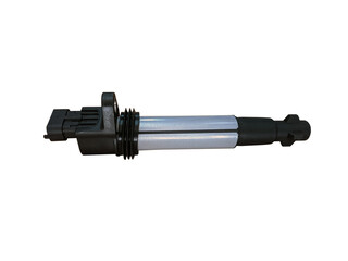 New car ignition coil on an isolated white background. Component of the ignition system. Spare parts.