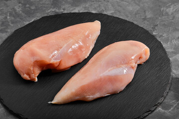 Chicken breasts, raw chicken fillet Photo for a store with natural products. Food delivery, gray background. copies of the space.