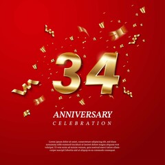 34th Anniversary celebration. Golden number 34 with sparkling confetti, stars, glitters and streamer ribbons on red background. Vector festive illustration. Birthday or wedding party event decoration