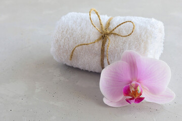 Fototapeta na wymiar Concept for spa salon, face and body care, massage room or beautician. White bath towel and orchid. Copy space
