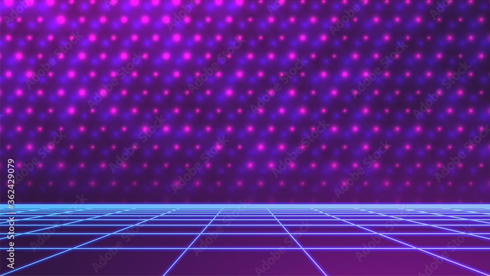 Poster synthwave background. perspective grid template. dark retro future backdrop with virtual computer la