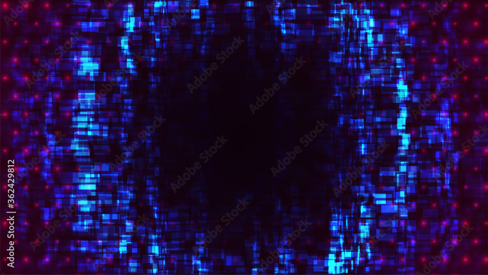 Poster cyberpunk glitch background. digital distortion pattern. vertical neon glitch. circle shape. display