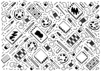 Hand drawn set of creative artist tools element, brush, pencil, paint, sketchbook, marker. Doodle sketch style. Artist element drawn by digital pen. Vector illustration for banner, icon, craft design