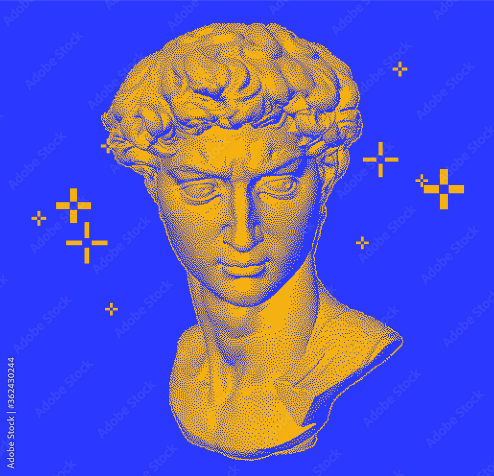 Poster pixel art 3d rendering of michelangelo's david head. retrofuturistic vector illustration in vaporwav