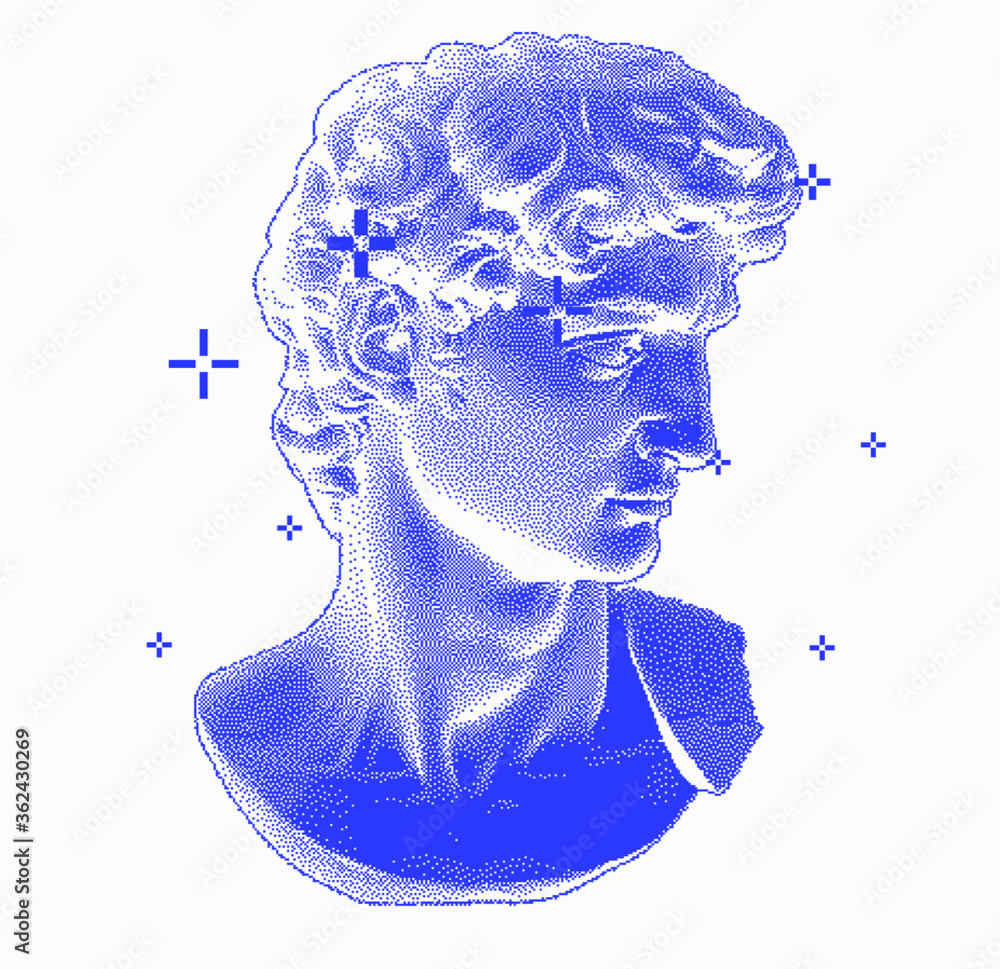Aufkleber Classical bust sculpture. 3D rendering of Michelangelo's David head in pixel art retro 8-bit style. Retrowave and vaporwave aesthetics of 80's-90's.