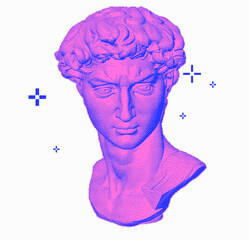Pixel art 3D rendering of Michelangelo's David head. Classical sculpture in vivid colors. Retrofuturistic vector illustration in vaporwave and retrowave 80's aesthetics style.