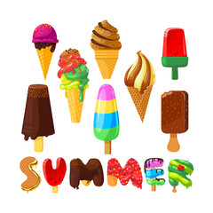Set of Cartoon Ice Cream and Creative Typography Isolated on White Background. Summer Sweet Food, Chocolate Popsicle on Stick, Fruit Frozen and Dairy Icecream with Topping. Vector Illustration, Icons