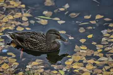 ducks on a pond in autumn, wild birds, duck mallard