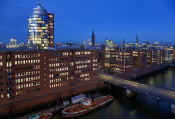 View of historic district Speicherstadt from Elbe Philharmonic (Germany, Hamburg) GERMAN TEXT...