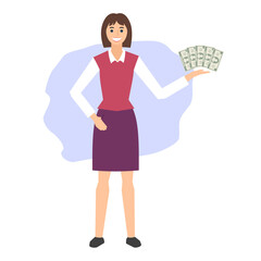 Smiling young woman holds money. Business concept. Flat design