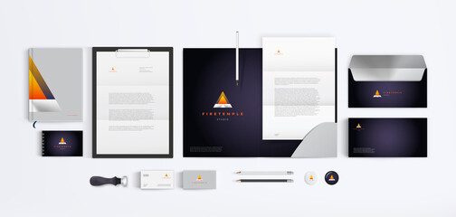 Vector corporate design with geometrical shape orange fire logo, folder, A4 form and envelope. Branding stationery template mockup.