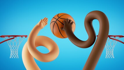 3d render. Basketball game players fight for the ball. African and caucasian cartoon character hands. Sportive clip art isolated on blue background. © NeoLeo
