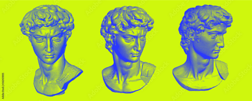 Poster Set of Classical bust sculptures. 3D rendering of Michelangelo's David head in pixel art retro 8-bit style. Retrowave and vaporwave aesthetics of 80's-90's.