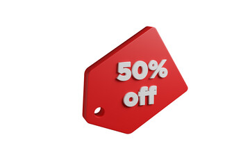 Red label with the legend 50 percent off isolated on white background. 3d illustration.