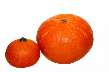 Ripe orange pumpkin and slices isolated on a white background
