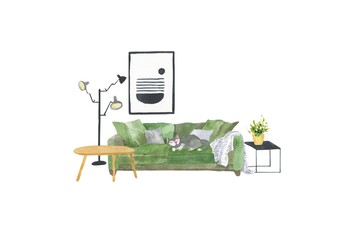 Home interior illustration. Cat on the green couch. Scandinavian design. Hygge - 362432444