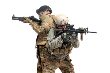 American special forces. two soldiers in military equipment with guns attack on a white background, USA Army aims and shoots