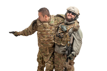 wounded American special forces soldier rescues a wounded comrade on a white background, military battle