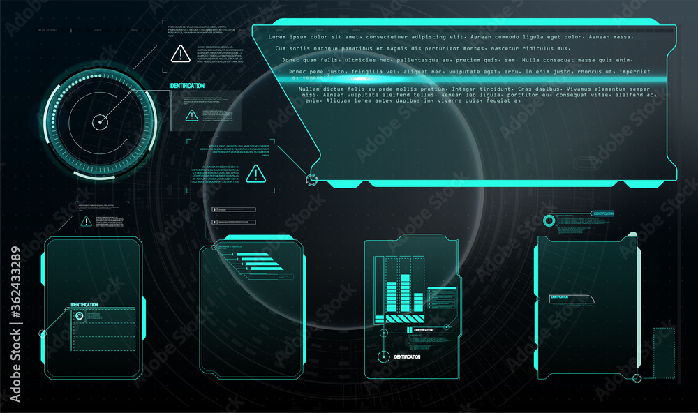 Poster Set with call outs communication. Abstract control panel layout design. Virtual hi Scifi technology gadget interface for game app HUD, UI, GUI futuristic frame user interface screen elements set.