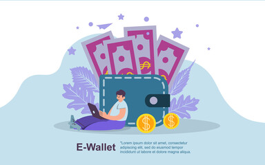 e-wallet technology payment concept with people and gold coin money pay use app or apps model - vector illustration EPS