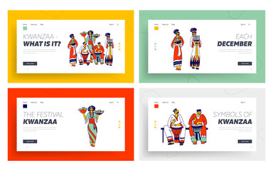 Obraz na płótnie Canvas Kwanzaa Celebration Landing Page Template Set. African Characters in National Costumes Playing Drums, Carry Traditional Meals and Candles. African-american Culture. Linear Vector People Illustration