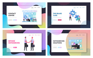 Outsourcing Landing Page Template Set. Businesspeople Working at Huge Puzzle Put Pieces in empty Holes. Business Men Characters Shaking Hands. Outsourced Employees. Cartoon People Vector Illustration
