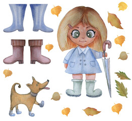 Watercolor kids cute illustration. A girl stands with an umbrella next to a funny dog. Autumn set of yellow leaves and rubber boots. Isolated on white background.