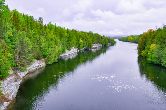 Trent river with cloudy skies in Campbellford, Ontario, Canada