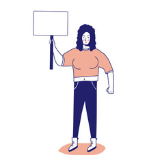 Strong muscular woman with a banner, protesting activist, workers strike. Worker holds a blank banner, takes part in the parade. Manifesto with a demo sign with blank space for text. Single picket for