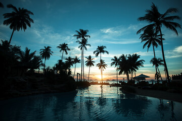 Fototapeta na wymiar Silhouettes of palm trees on the sunset tropical beach.