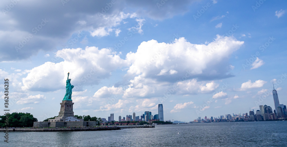 Poster View of Statue of Liberty Manhattan, New York and Jersey City, New Jersey USA