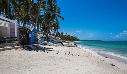 tropical beach with palm trees and white sand and caribbean aqua blue water.