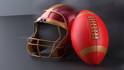 American football Red-orange helmet and Red Ball with dark black toned foggy smoke under black-white lighting. 3D illustration. 3D high quality rendering.